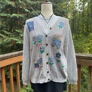 Alfred Dunner Cream Cardigan with Blue Floral Embroidery